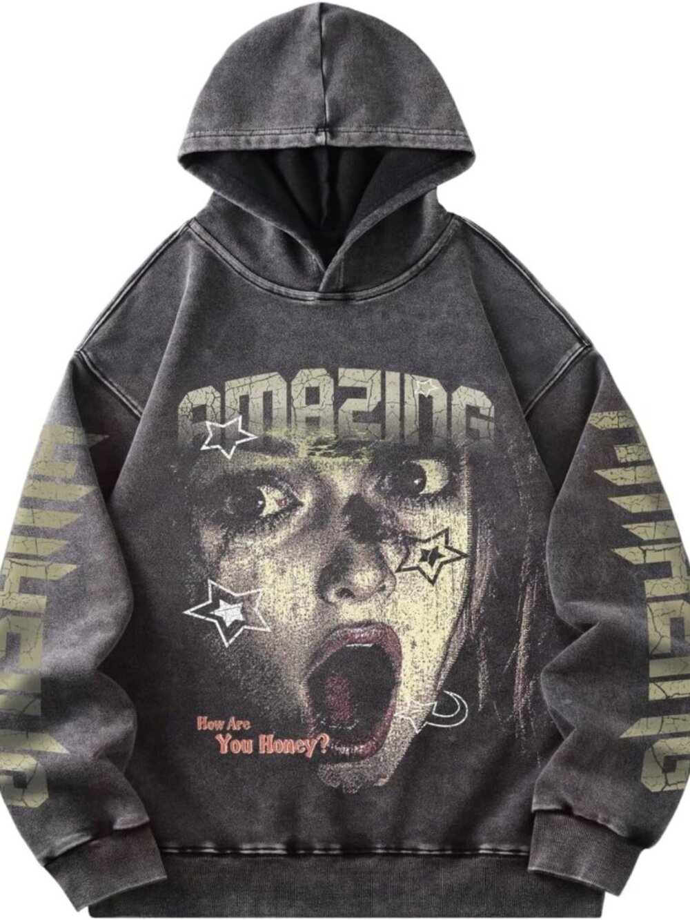 Men's Y2K Graphic Hoodie - Grunge Style Baggy Pullover Sweatshirt for Casual